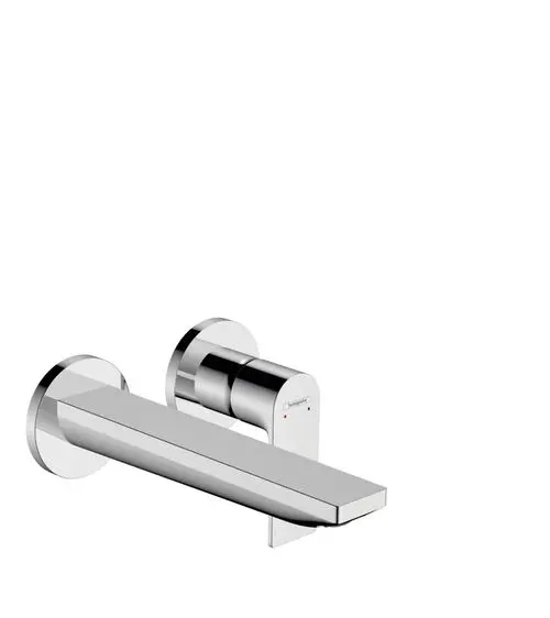 Wandmontierter Einhebel-Waschtischmischer aus Chrom von Hansgrohe mit geradlinigem Auslauf und zwei Bedienelementen für Wassersteuerung.